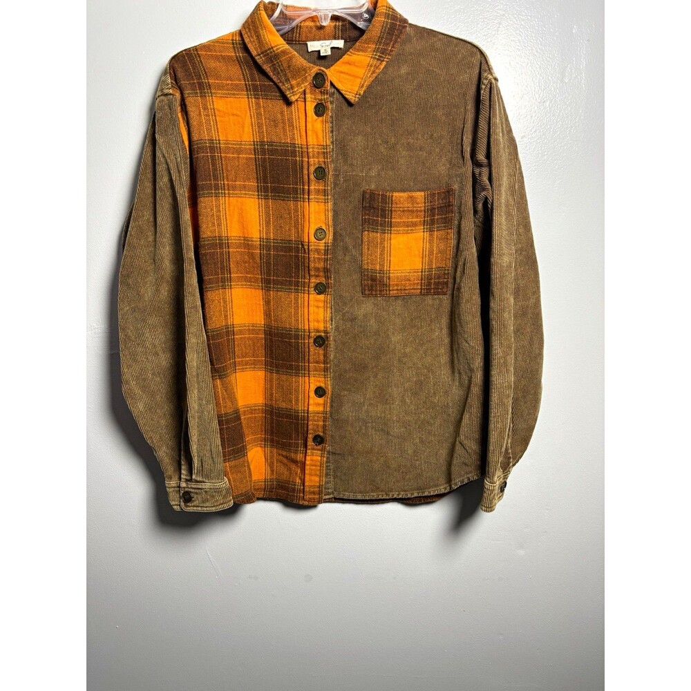Easel Los Angeles Brown/Orange Plaid Corduroy Button-Up Flannel /Shacket S